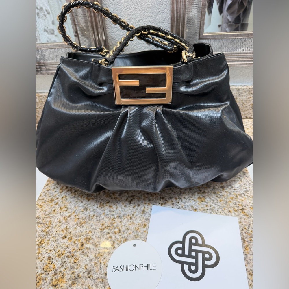 Black FENDI Canvas Mia Tote - Canvas Shoulder Bag with Gold Logo Plaque